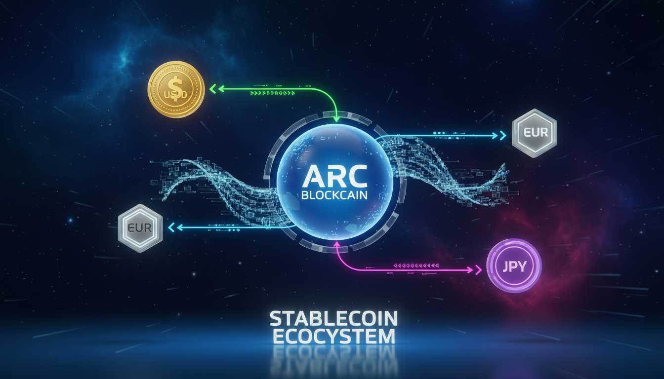 Gráfico 3D representando la interacción de stablecoins con la blockchain Arc.
