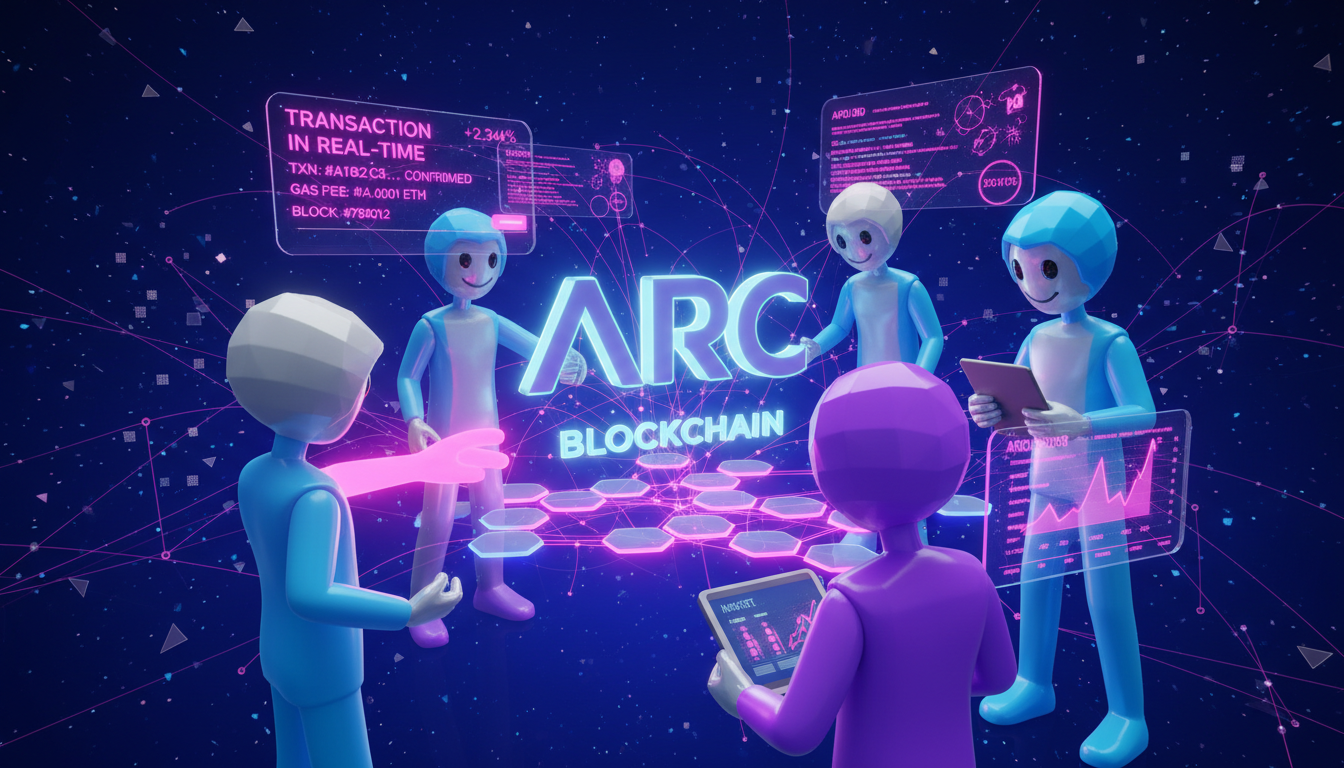 Personajes 3D interactuando con la blockchain Arc y mostrando transacciones.