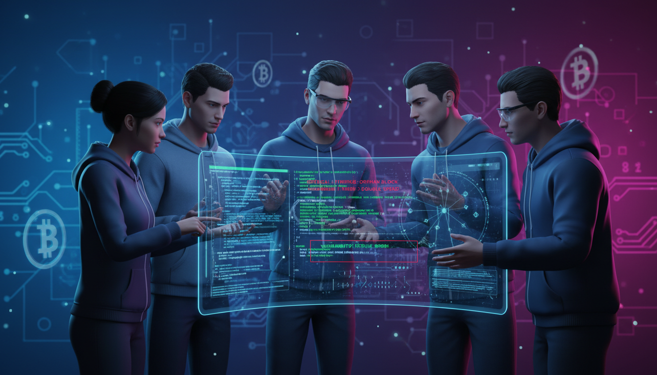 Desarrolladores 3D revisando código de seguridad de Bitcoin en un entorno digital.