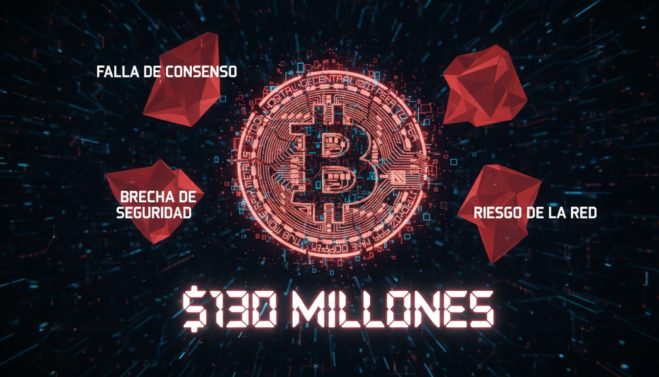 Gráfico 3D que representa vulnerabilidades en Bitcoin con la cifra '$130 millones'.