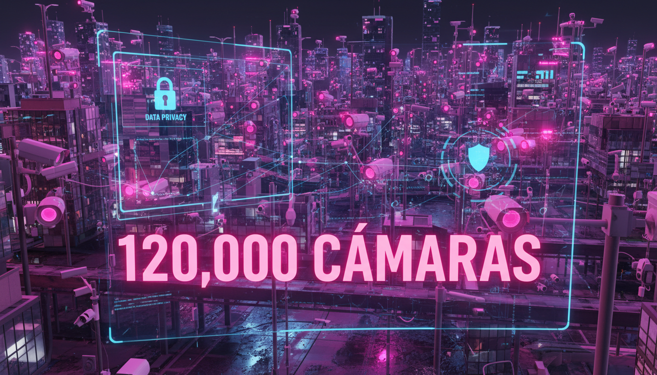 Cámaras de vigilancia en una ciudad con datos sobre privacidad y control social.