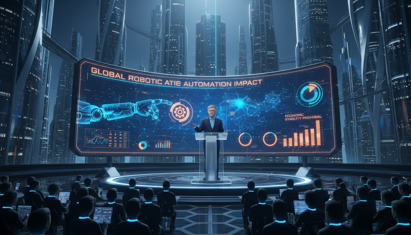 Bill Gates presentando su propuesta sobre impuestos a robots y su impacto laboral.