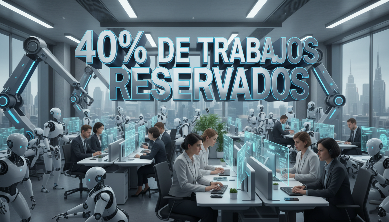Trabajadores humanos interactuando con robots en una oficina del futuro con mensaje sobre trabajos reservados.