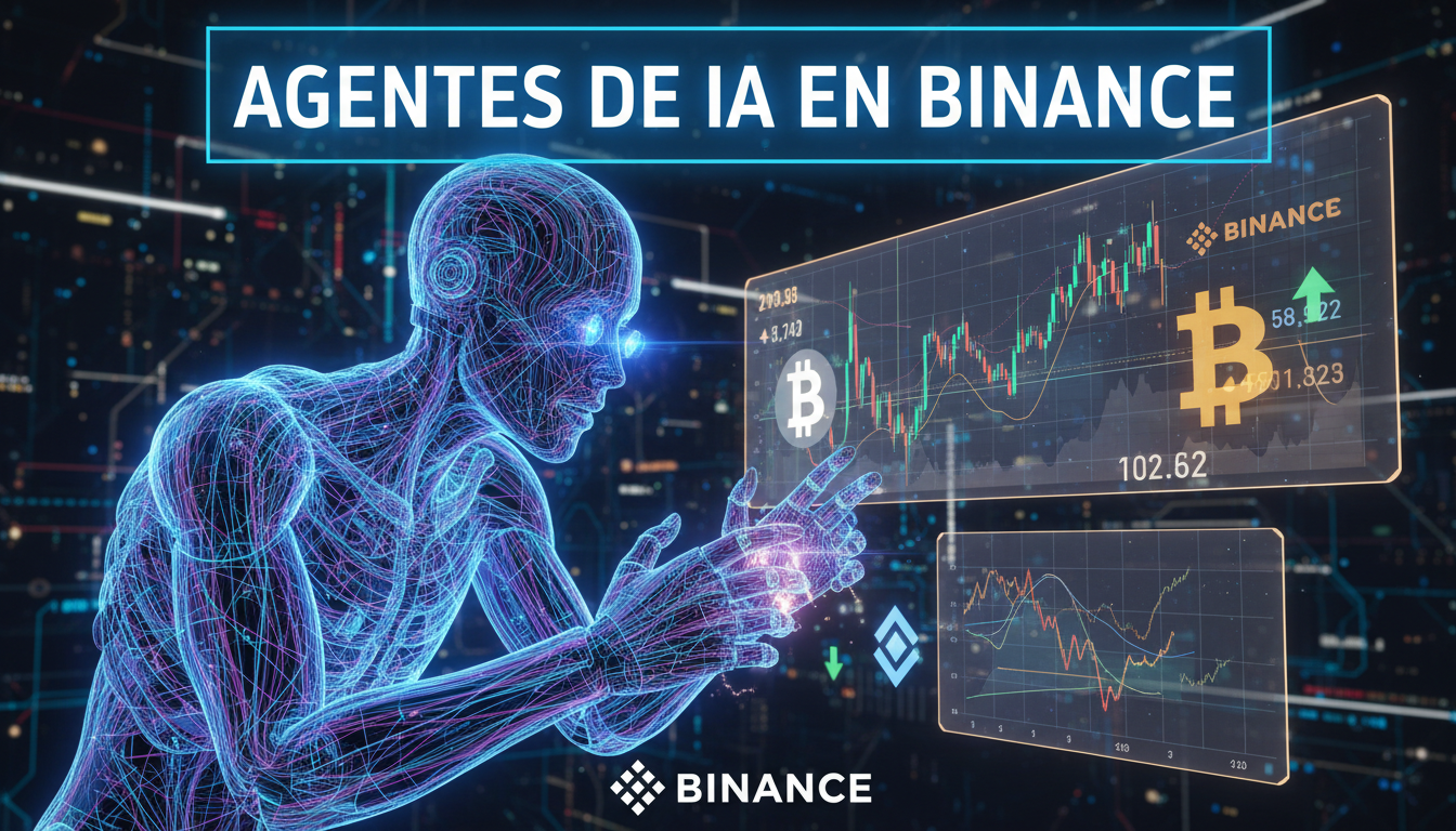 Agente de IA 3D analizando gráficos de criptomonedas en Binance.