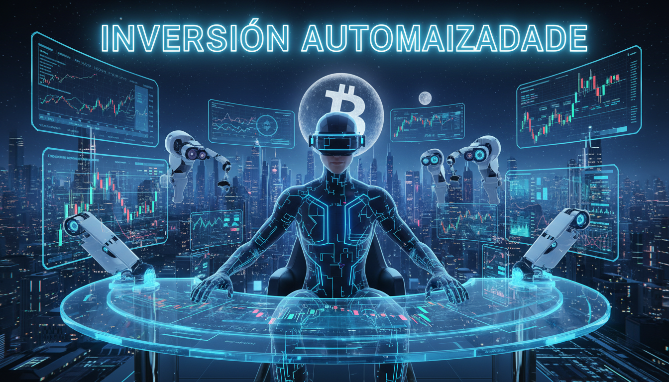 Trader 3D utilizando IA para realizar operaciones en criptoactivos.