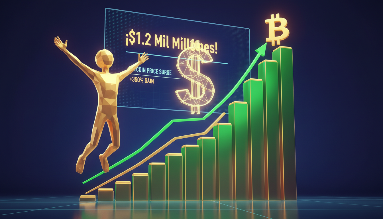 Figura 3D celebrando el aumento de Bitcoin y liquidaciones masivas.