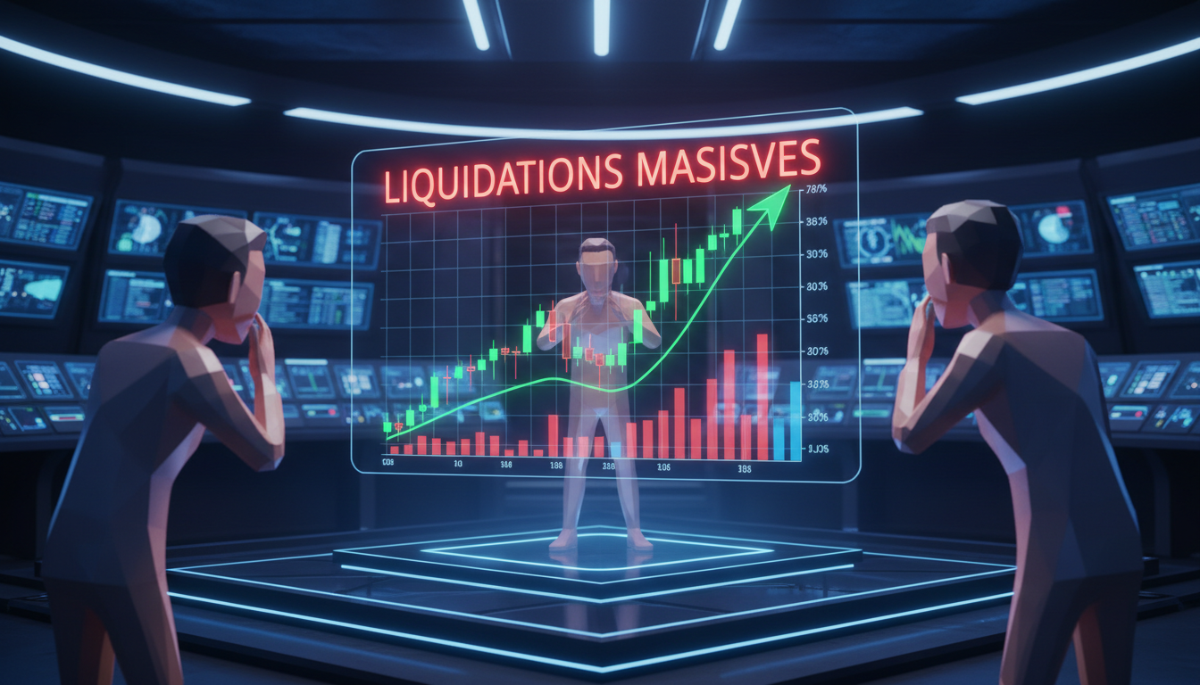 Traders 3D observando el gráfico de Bitcoin y sus liquidaciones recientes.