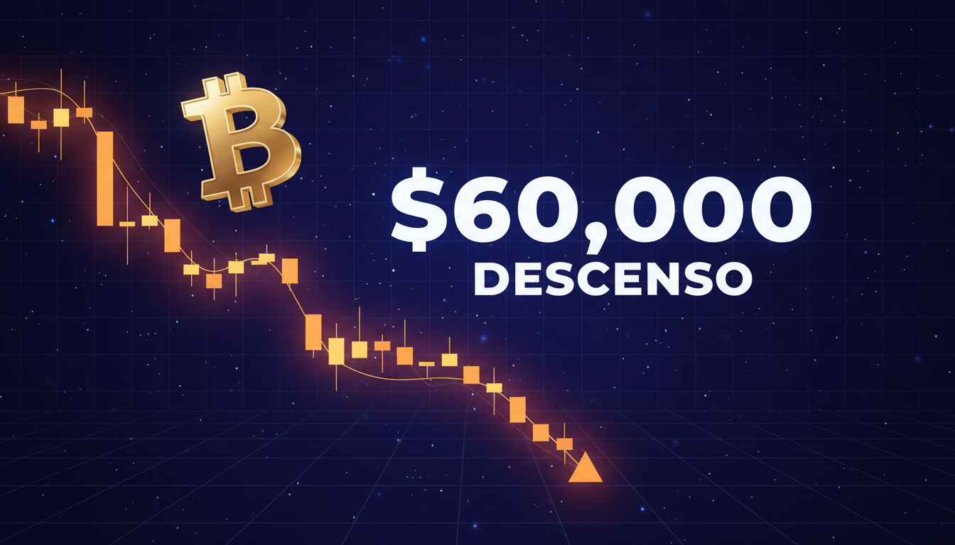 Gráfico 3D de Bitcoin mostrando caída con texto '$60,000' en fondo azul profundo.