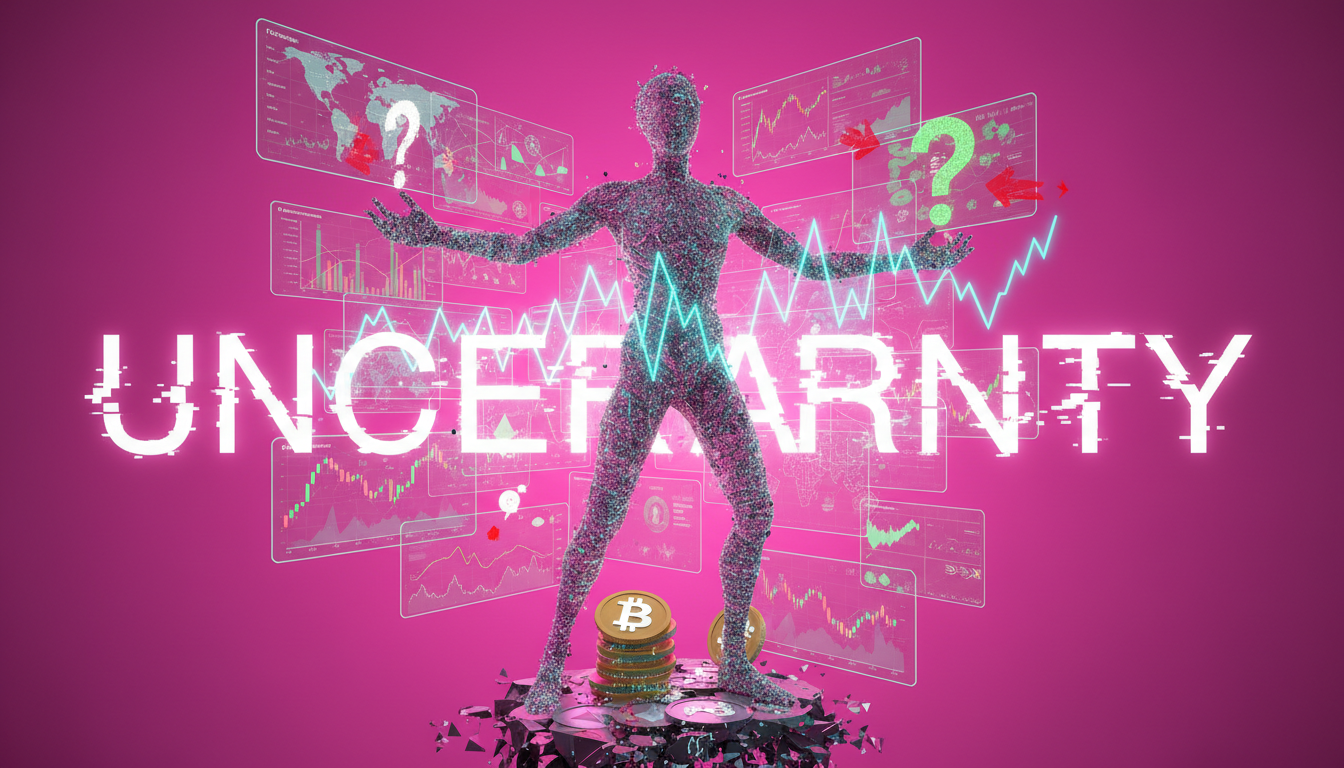 Figura estilizada 3D simbolizando incertidumbre en el mercado cripto sobre fondo fucsia.