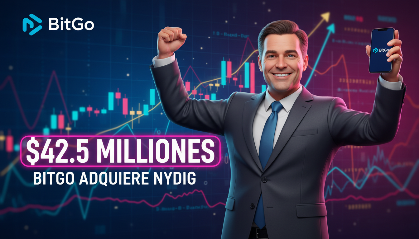 Ejecutivo de BitGo celebrando la adquisición de NYDIG con gráficos de trading.