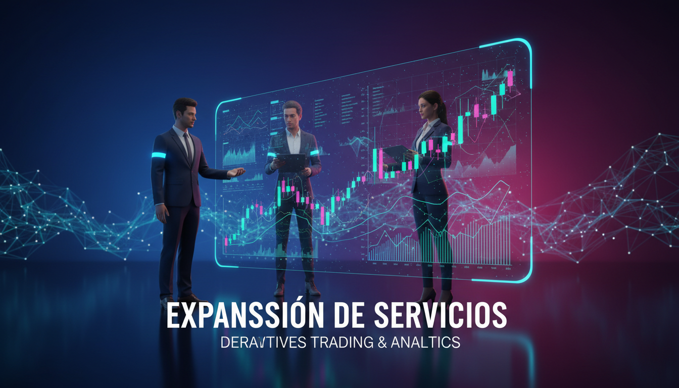 Equipo de profesionales cripto interactuando con gráficos de derivados en un entorno dinámico.