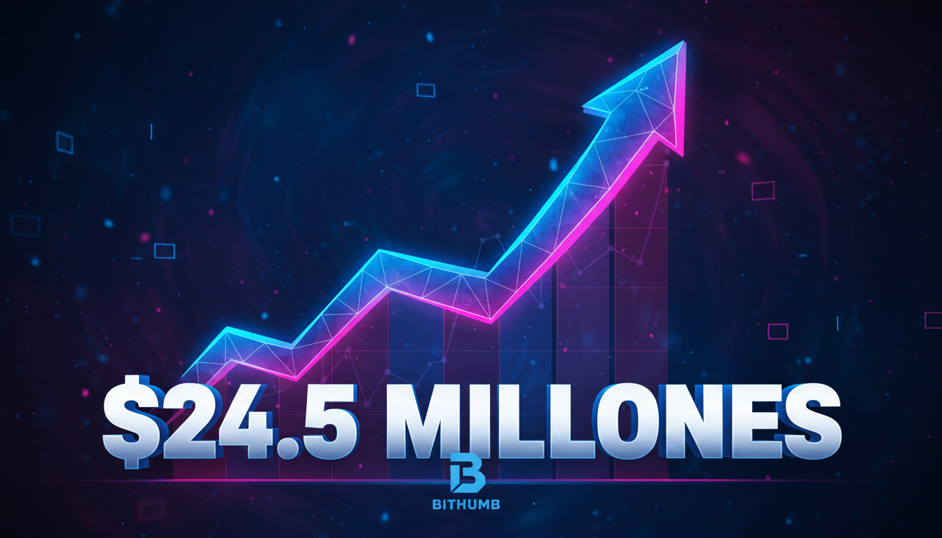 Gráfico de acciones de Bithumb en alza con fondo azul profundo y fucsia.