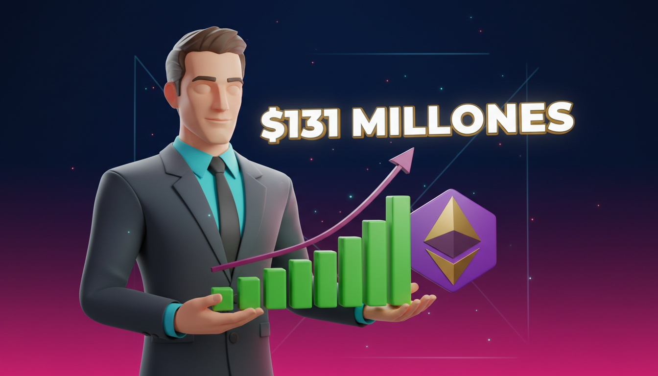 Tom Lee 3D sosteniendo gráfico de Ethereum sobre fondo azul y fucsia.