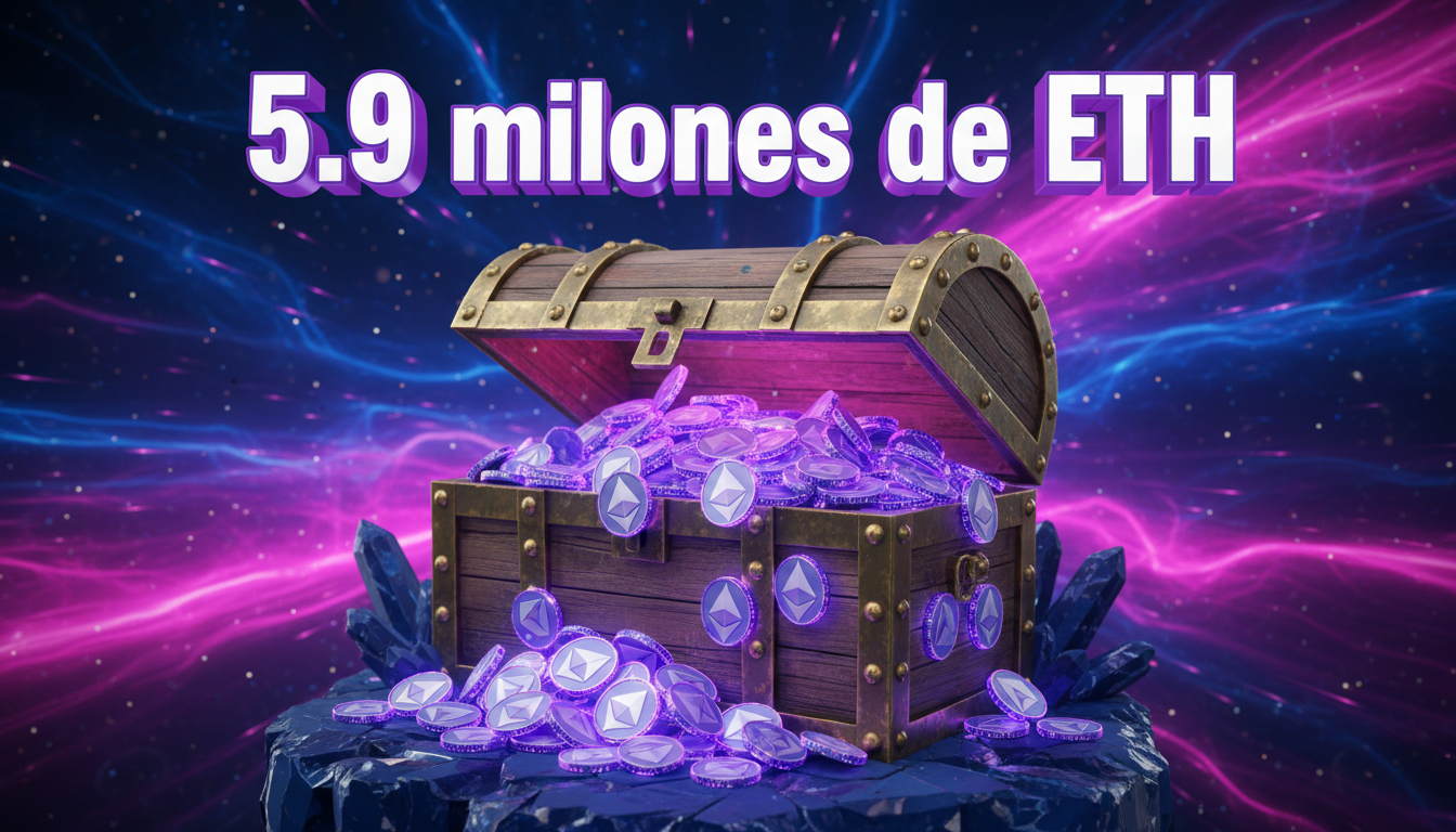 Cofre del tesoro 3D lleno de monedas de Ethereum brillantes sobre fondo vibrante.