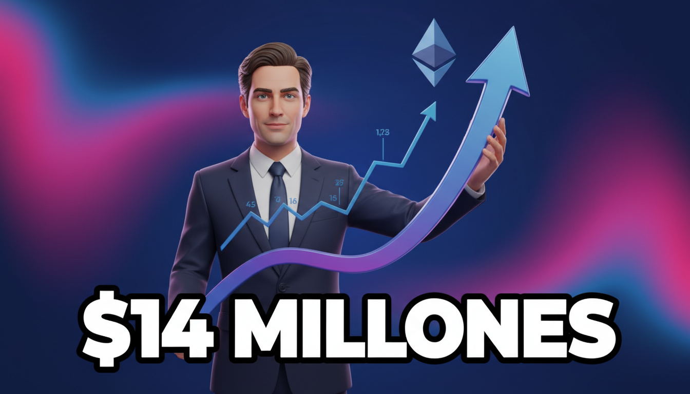 Tom Lee 3D con gráfico de Ethereum y texto '$14 millones' en fondo azul.