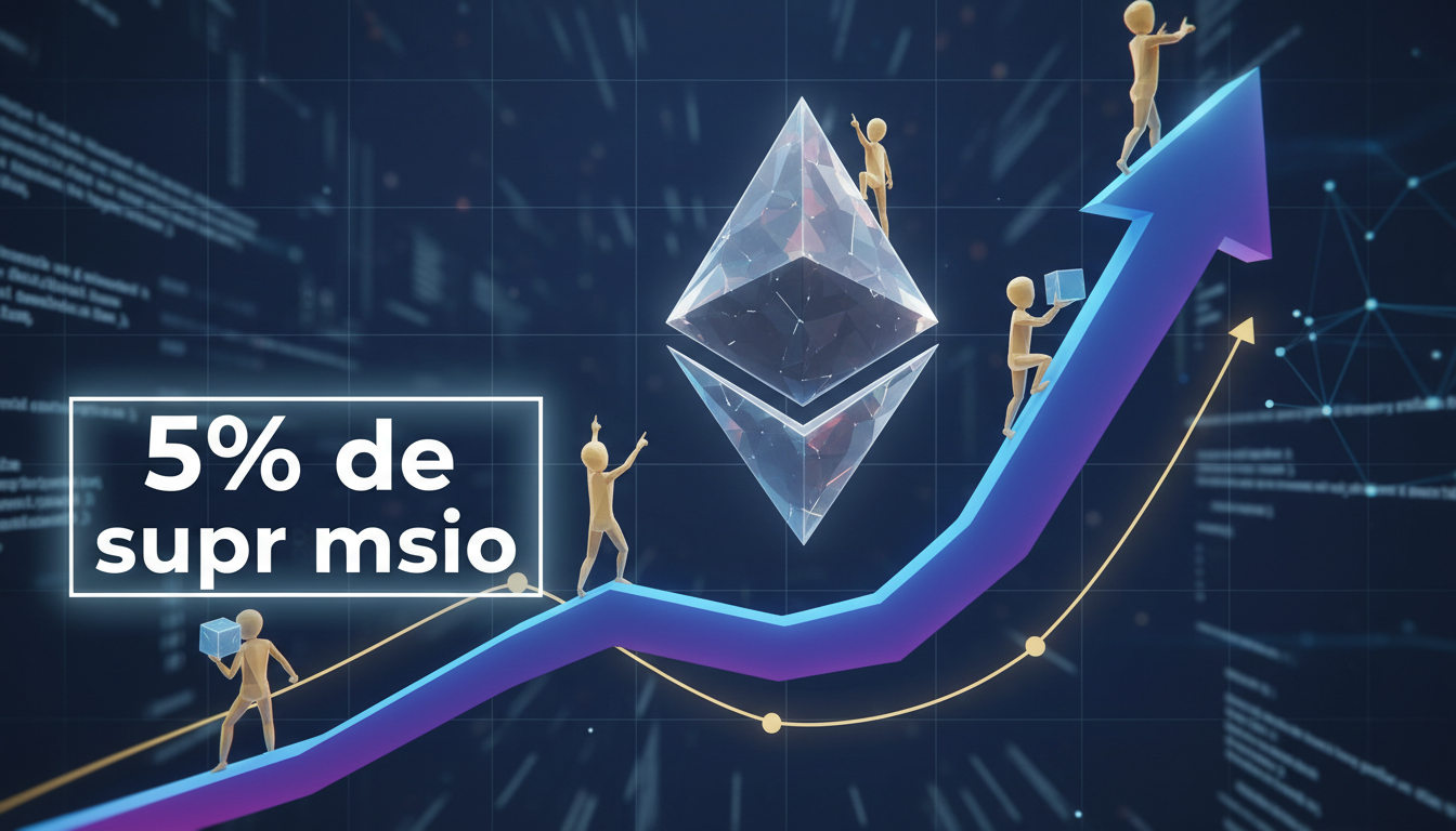 Gráfico de Ethereum en 3D con figuras estilizadas y texto '5% de suministro' destacado.