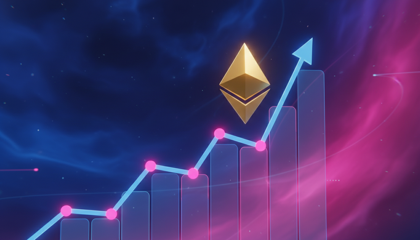 Gráfico 3D de Ethereum subiendo en un fondo azul y fucsia con un símbolo dorado.