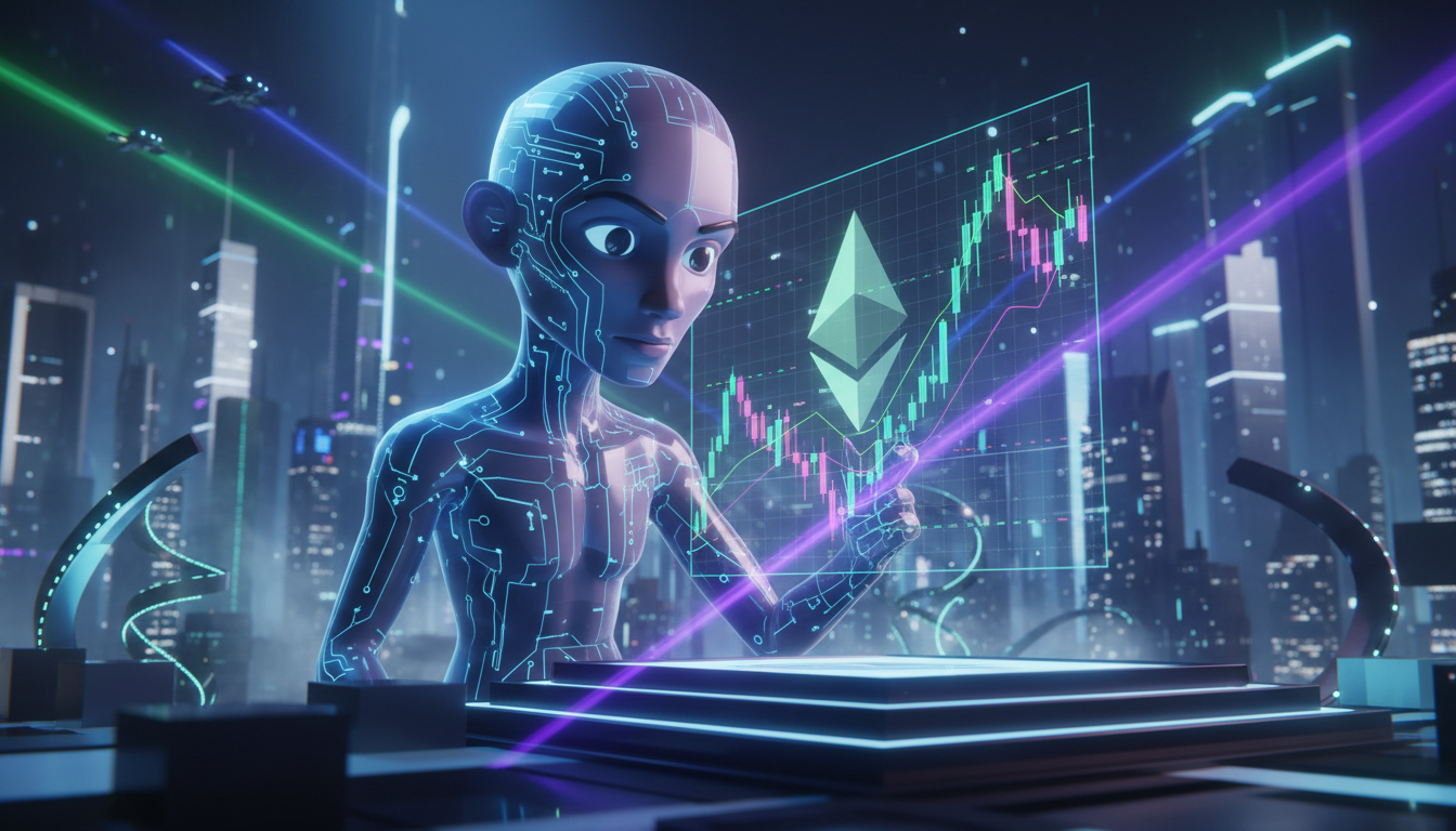 Personaje 3D estilizado observando un gráfico de Ethereum en un entorno futurista.