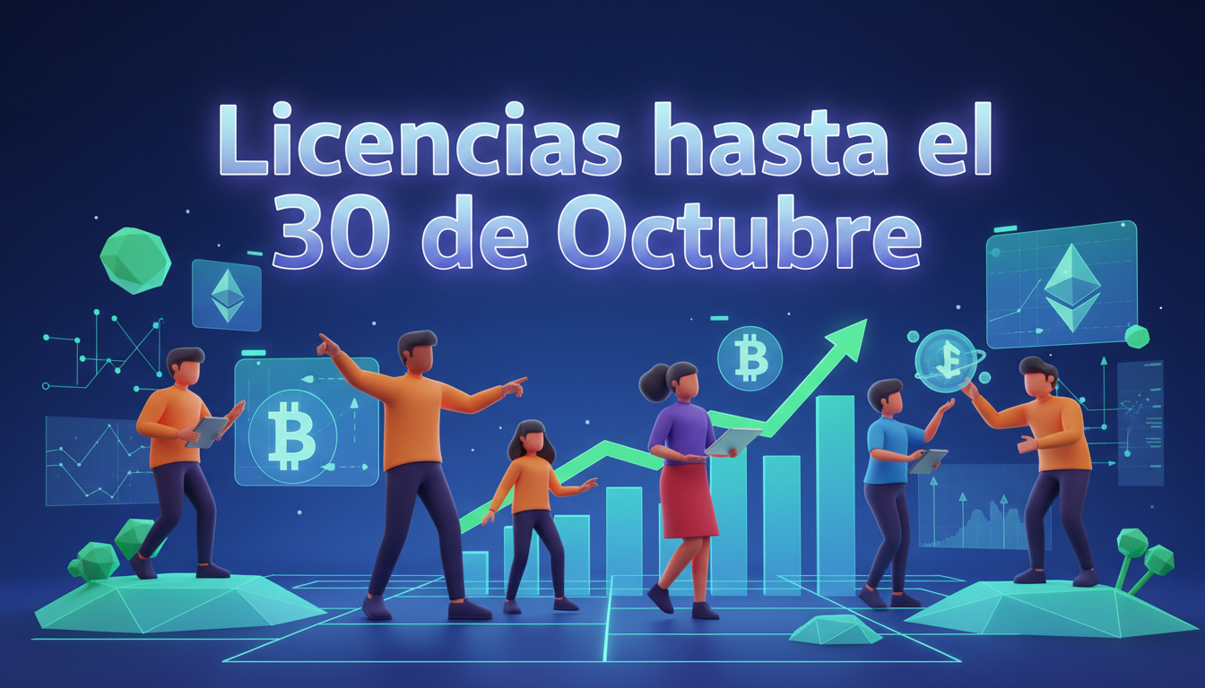 Grupo de personas estilizadas 3D interactuando con gráficos de criptomonedas y texto sobre licencias.