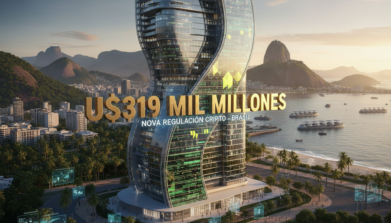 Edificio 3D moderno representando la regulación cripto en Brasil con texto sobre su mercado.