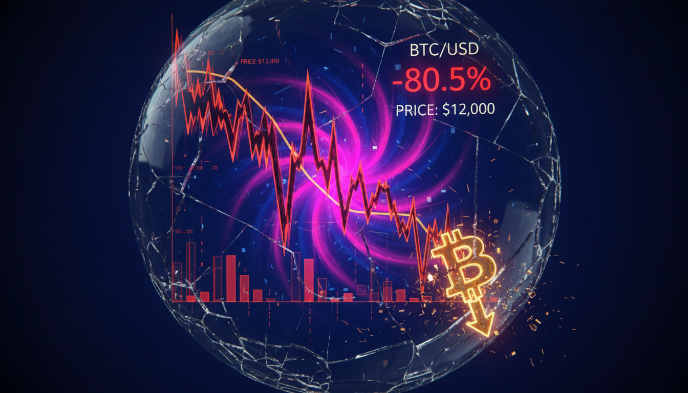 Gráfico 3D que muestra la caída del precio de Bitcoin sobre fondo azul profundo.