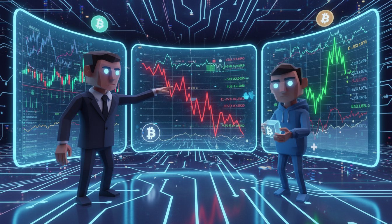 Inversores 3D analizando el impacto de tarifas en el mercado cripto en un entorno dinámico.