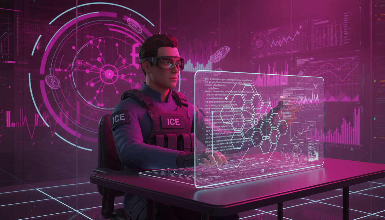 Agente de ICE revisando contrato blockchain con gráficos de criptomonedas de fondo.