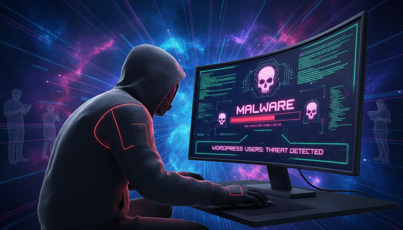 Cibercriminal 3D interactuando con malware en un sitio WordPress comprometido.