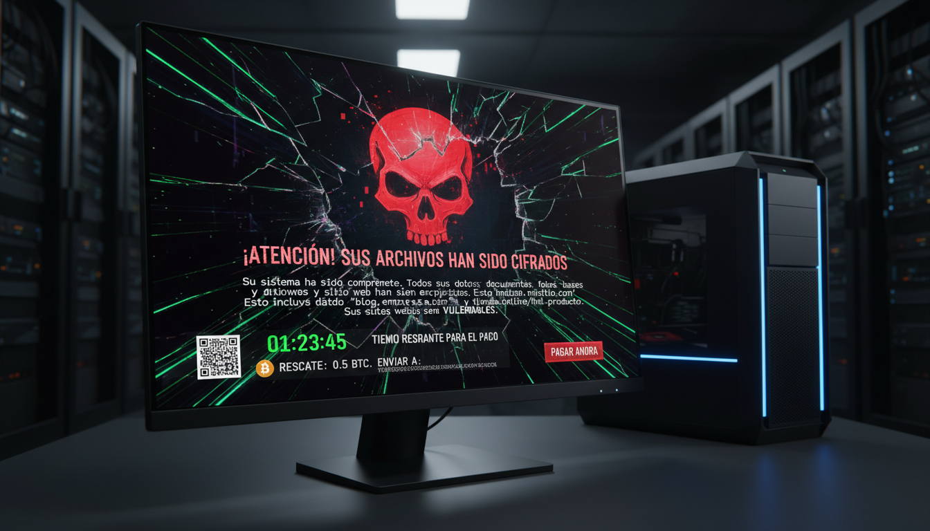Alerta 3D de ransomware en un ordenador sobre fondo azul profundo y fucsia.