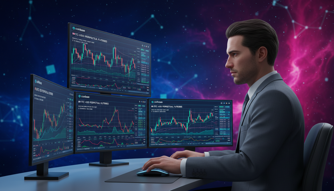 Trader 3D analizando contratos de derivados en la plataforma de Coinbase sobre fondo azul.