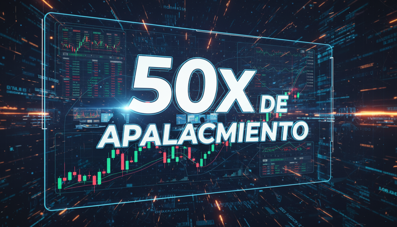Gráficos de trading 3D con el concepto '50x de Apalancamiento' en español, representando la oferta de Coinbase.