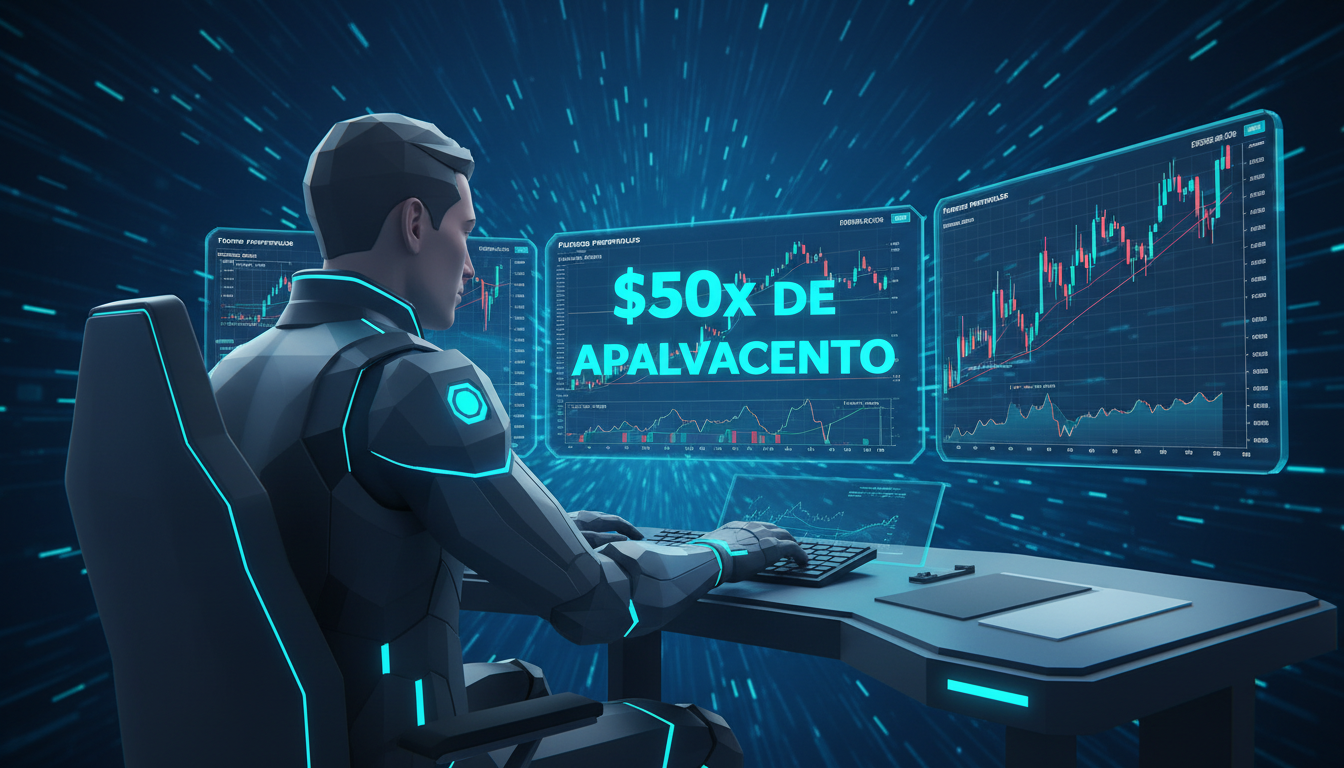 Trader 3D estilizado operando con gráficos de futuros perpetuos en fondo azul profundo.