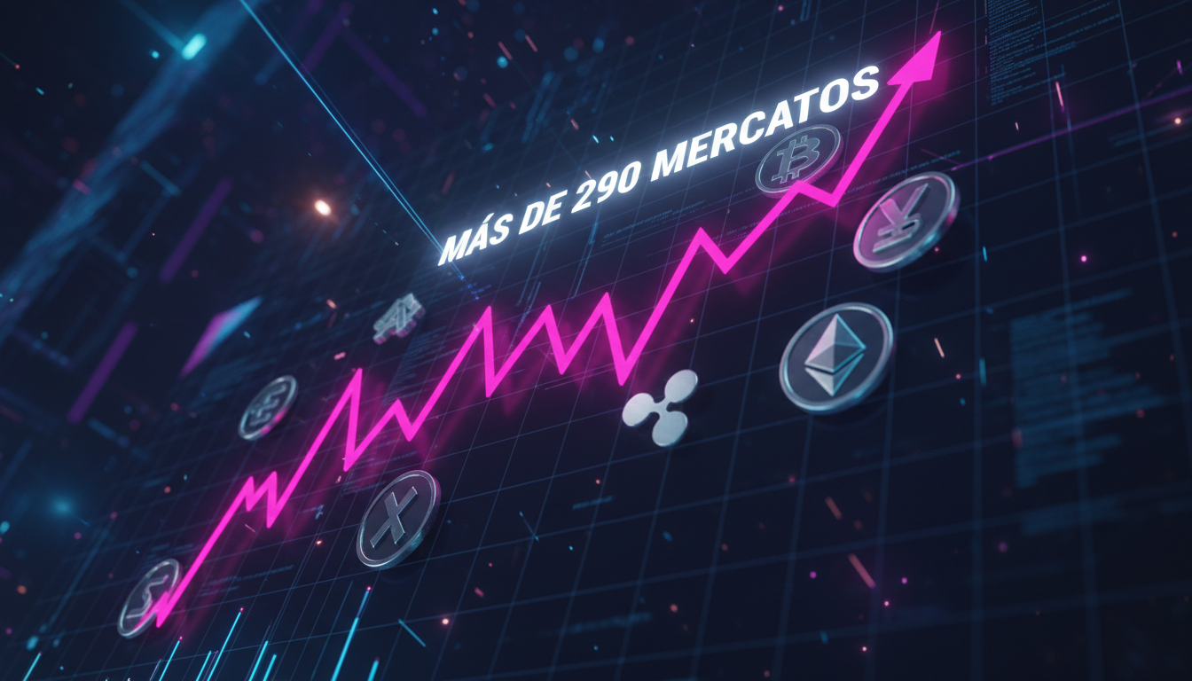 Escena 3D dinámica de trading mostrando un gráfico alcista y criptomonedas en fondo fucsia.