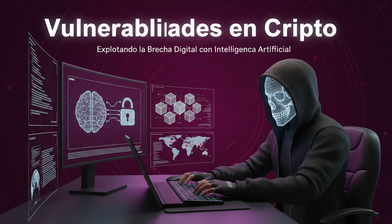 Hacker 3D interactuando con AI para descubrir vulnerabilidades en criptomonedas.