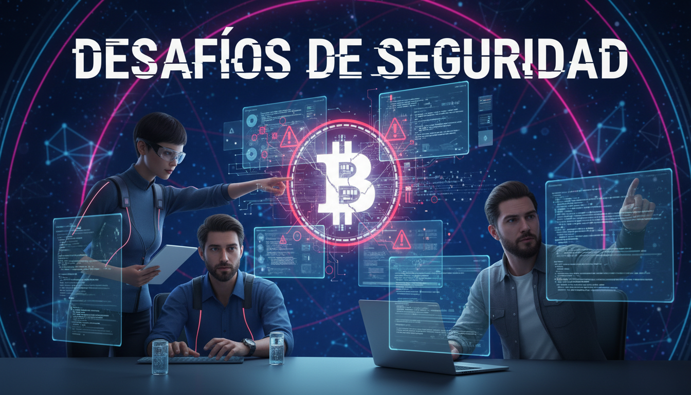 Desarrolladores 3D revisando vulnerabilidades de seguridad en Bitcoin en un entorno digital.