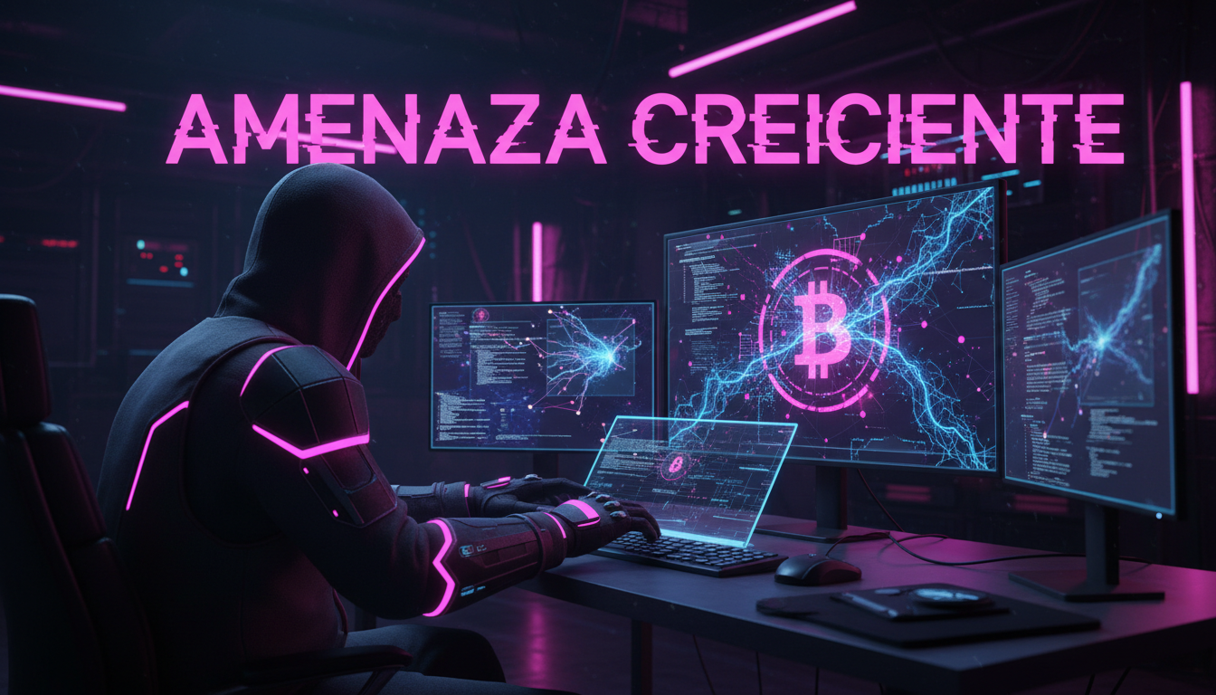 Hacker 3D utilizando inteligencia artificial para atacar aplicaciones de Bitcoin en un ambiente virtual.