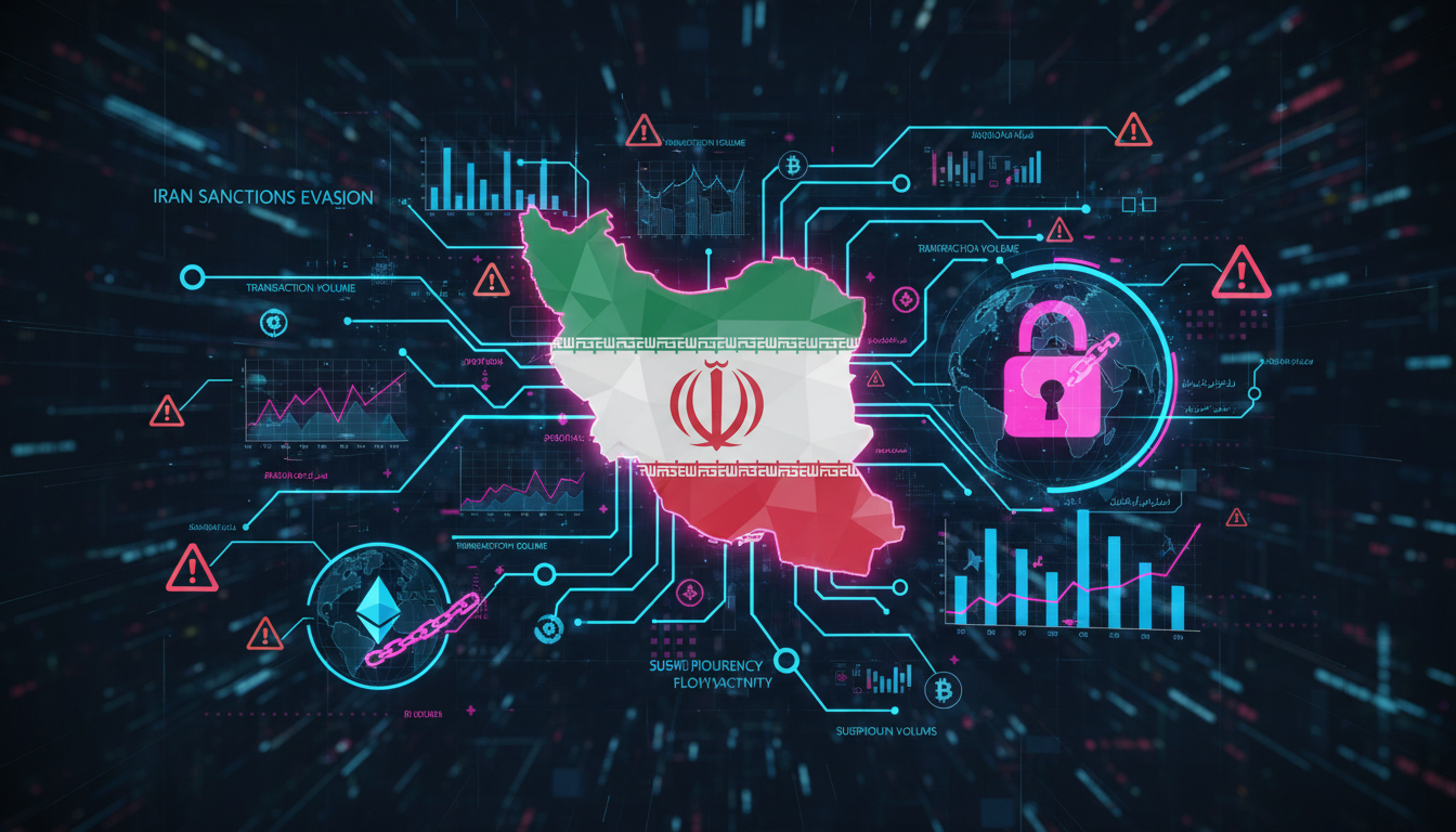 Transacciones de criptomonedas vinculadas a Irán con gráficos de alerta en 3D.