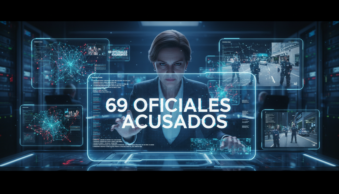 Político revisando datos de vigilancia y sus implicaciones sociales.
