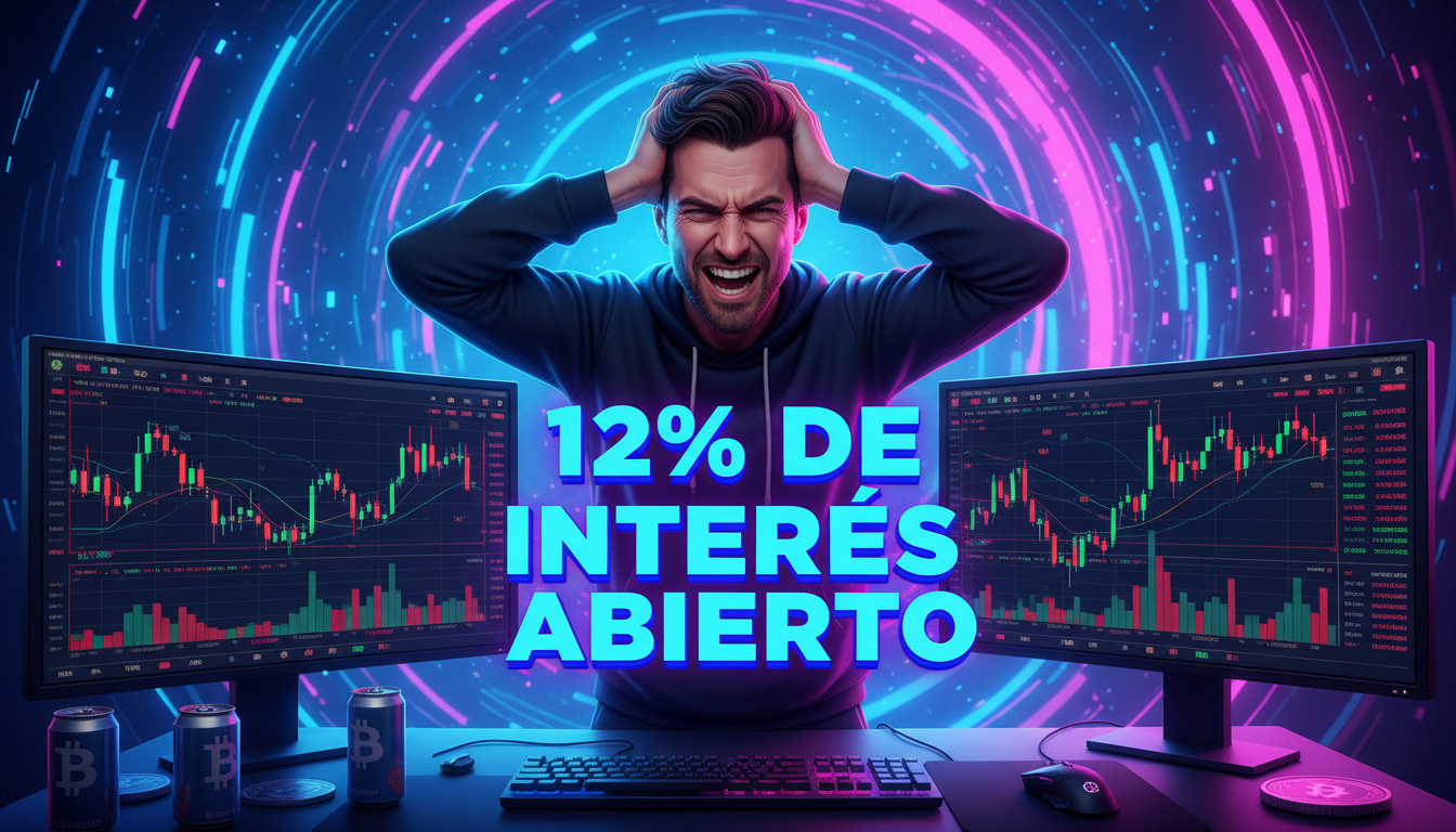 Trader 3D preocupado analizando gráficos de Bitcoin sobre fondo azul y fucsia.