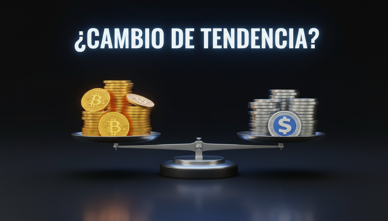 Balanza 3D mostrando equilibrio entre Bitcoin y stablecoins, simbolizando el cambio en el mercado.