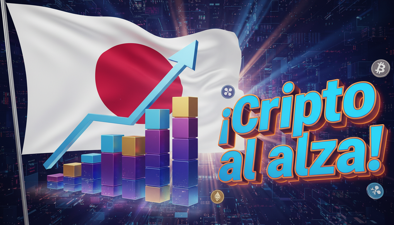 Gráfico 3D de criptomonedas ascendiendo con una bandera japonesa de fondo.