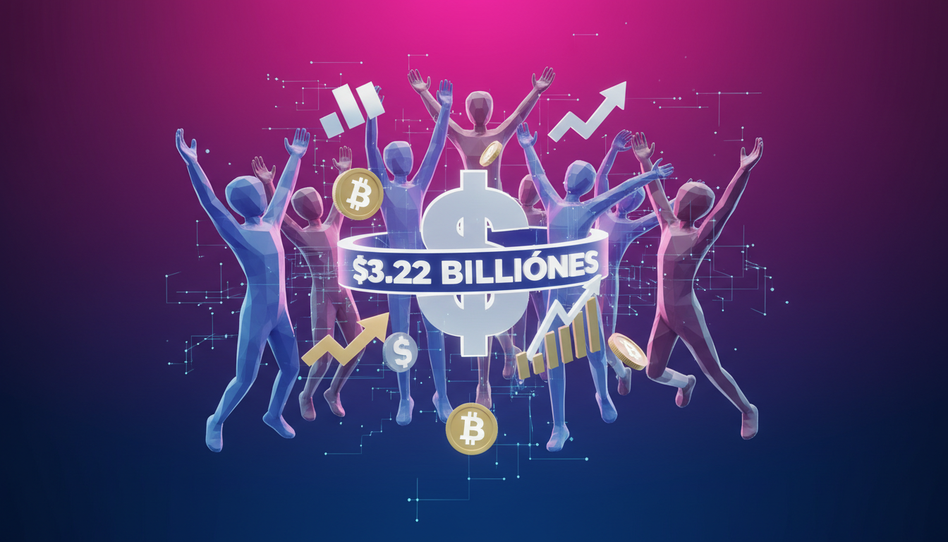 Grupo 3D celebrando el crecimiento del mercado cripto sobre fondo azul y fucsia.