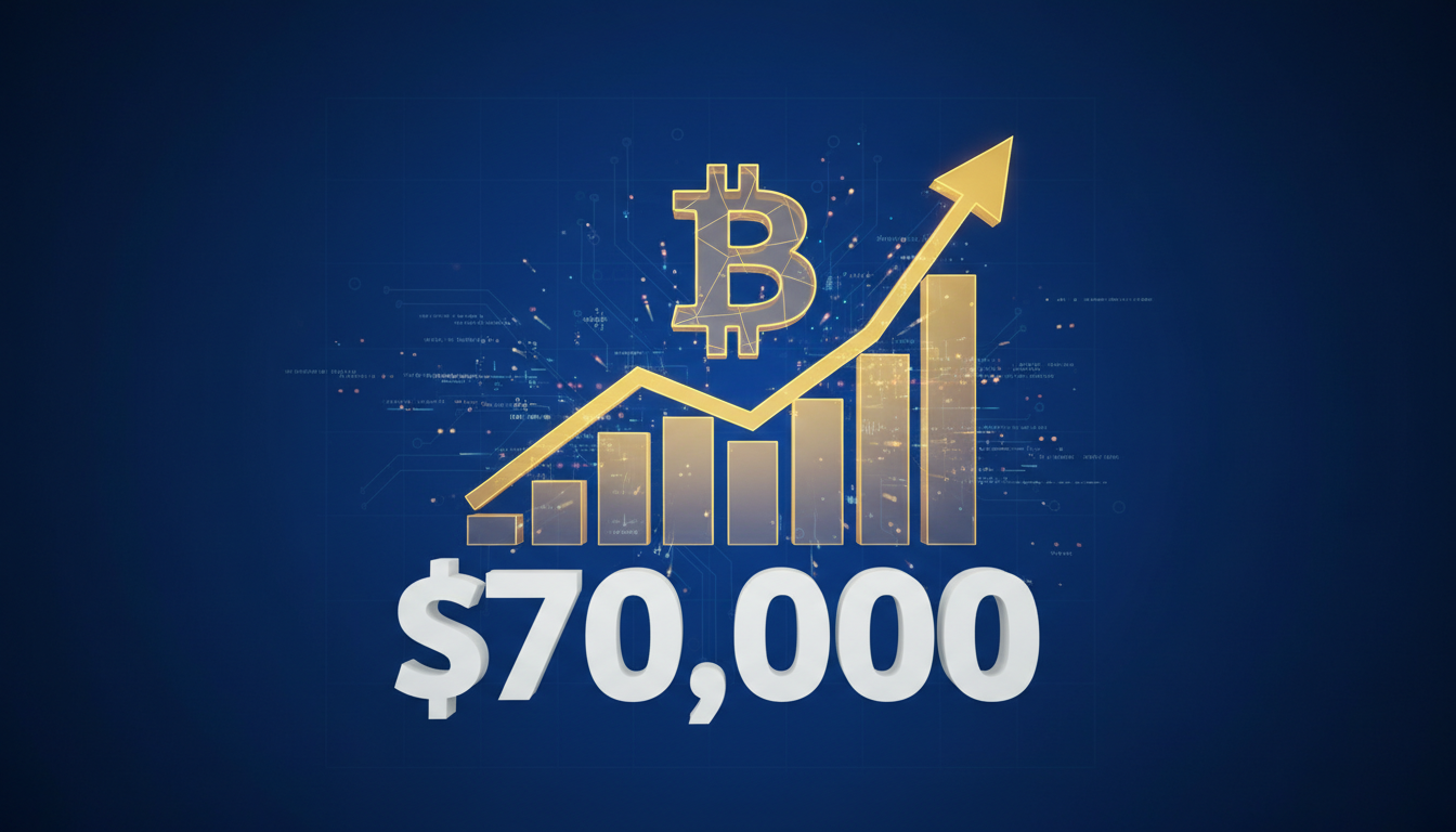 Gráfico 3D de Bitcoin superando los $70,000 en un entorno digital.