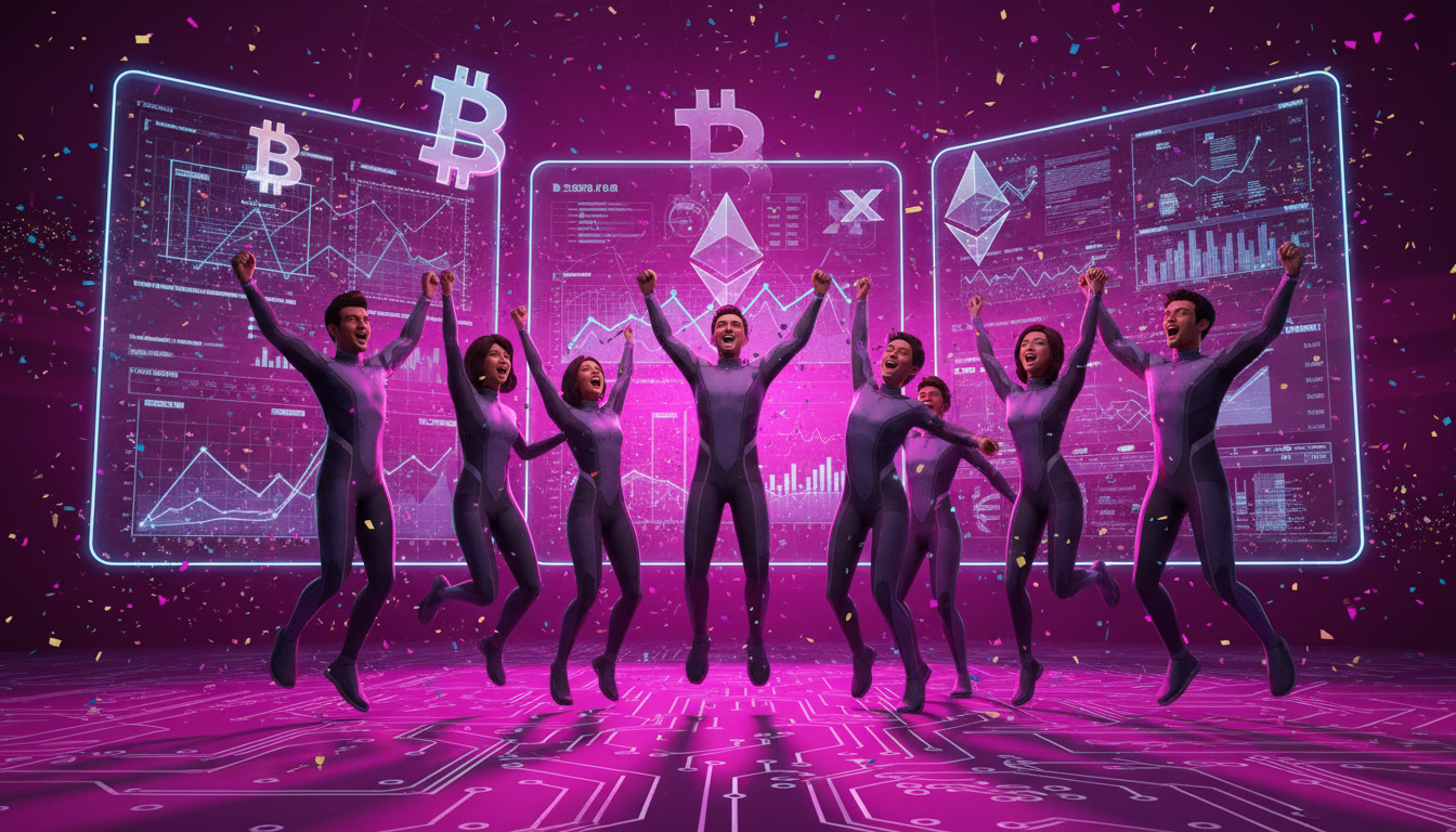 Traders 3D celebrando un cambio positivo en el mercado de criptomonedas.