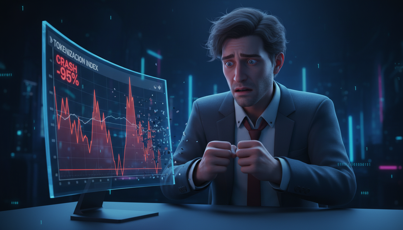 Fundador de Eliza 3D preocupado mirando un gráfico de tokenización en caída.