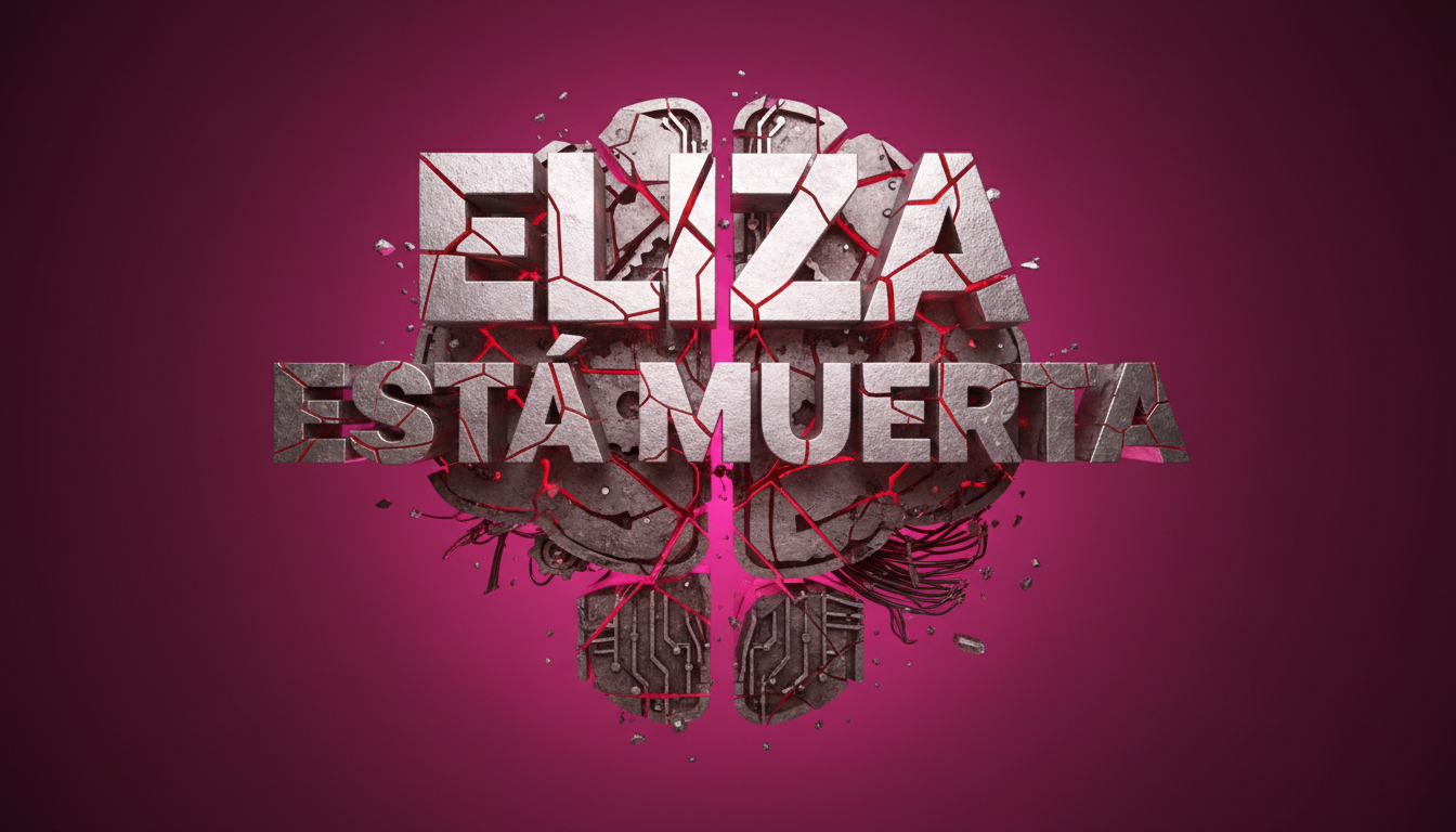 Símbolo de inteligencia artificial roto con el texto 'Eliza está muerta' en fondo fucsia.