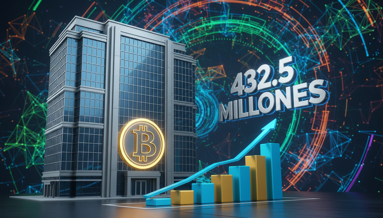 Representación 3D de una empresa vendiendo Bitcoin con gráficos ascendentes.