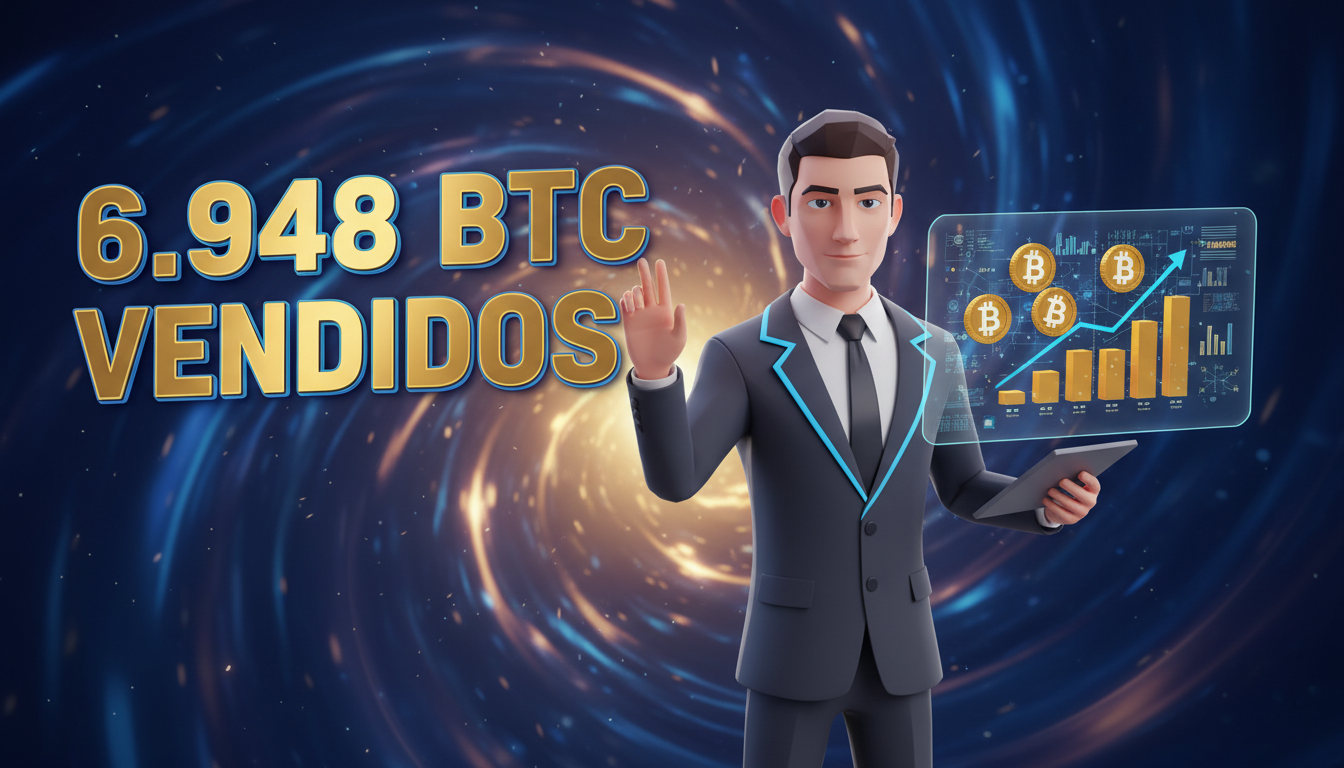 Personaje 3D interactuando con gráficos de Bitcoin en un entorno dinámico.