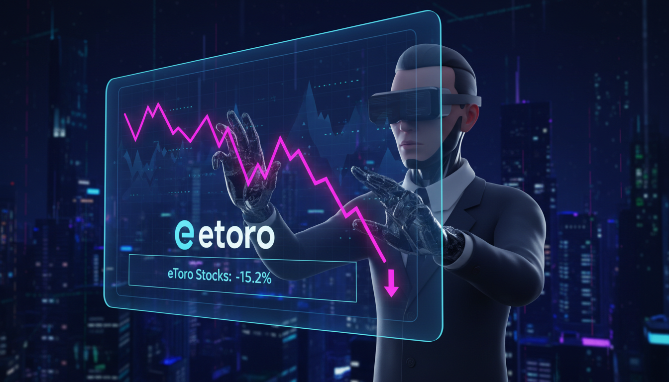 Corredor 3D observando gráficos de acciones de eToro en fondo fucsia.