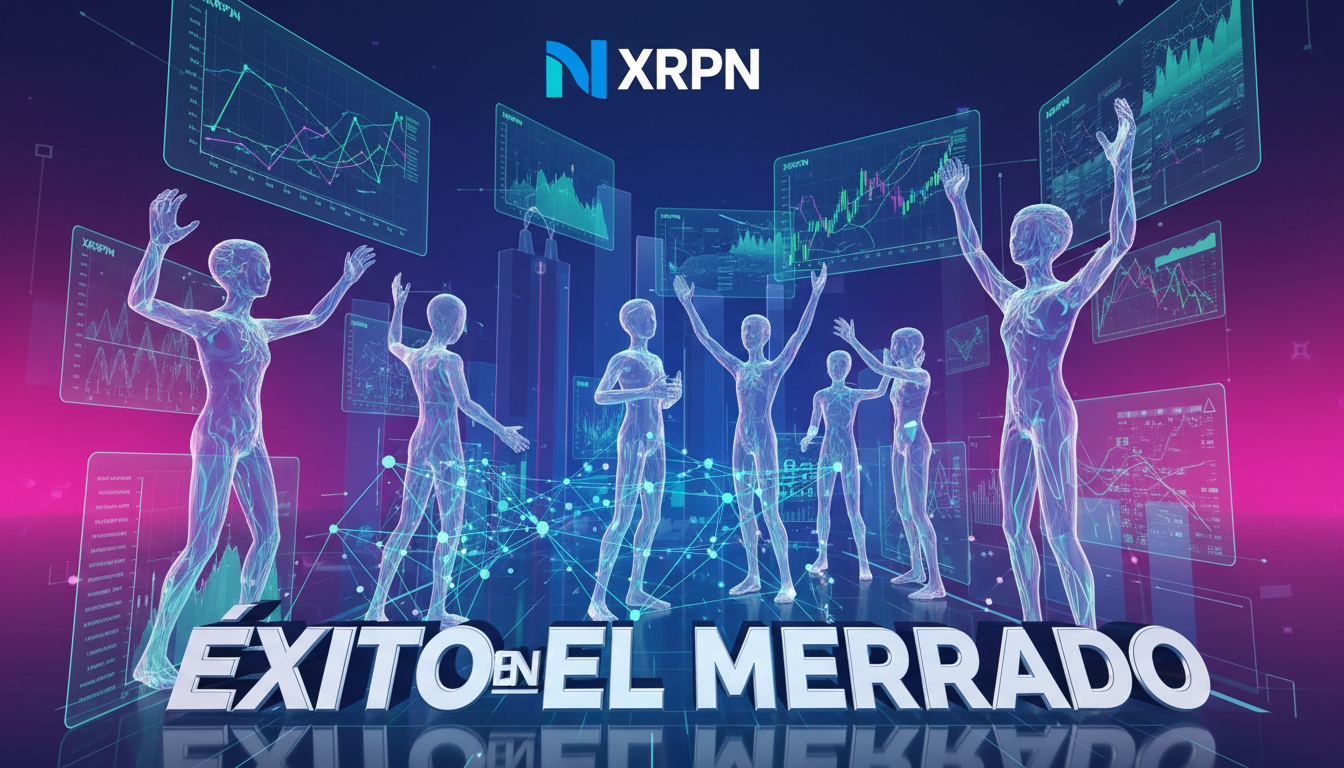 Celebración 3D del listado de XRPN en Nasdaq con gráficos de criptomonedas.
